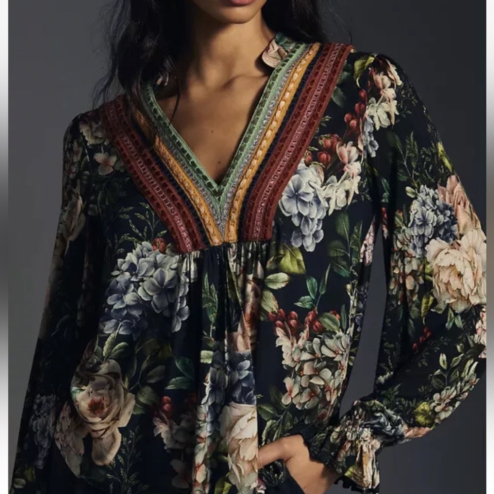 Bl^nk London x Anthropologie STEPHANIE XS Blue Green Floral V-Neck Long Sleeve